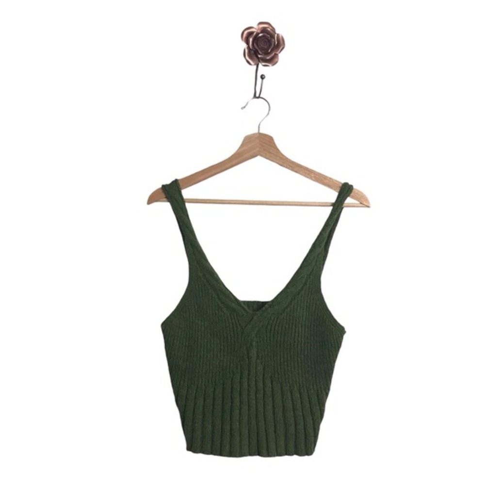 Anthropologie Medium Petite Green Cable Knit Crop Sweater Vest Top Boho Festival